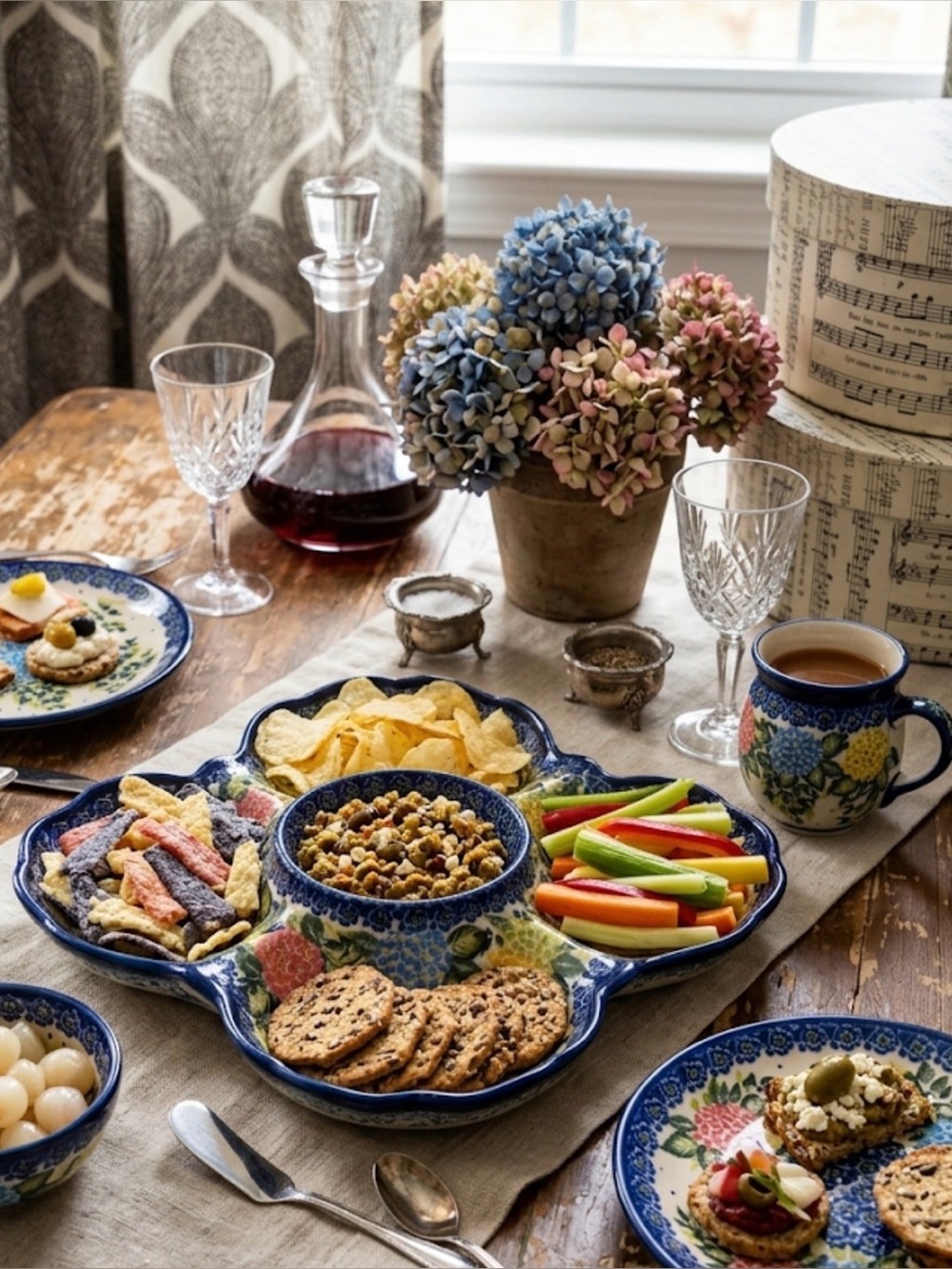 UNIKAT Polish Pottery Kalich Hand-Painted Hydrangea Chip & Dip Platter